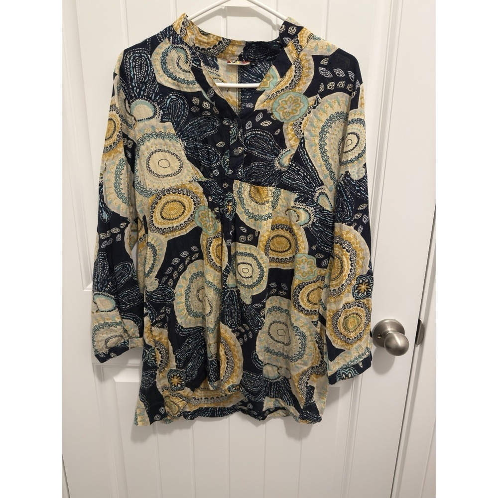 Aph‎ Women Navy Blue Yellow Paisley Medallion Cotton Tunic Top Large L